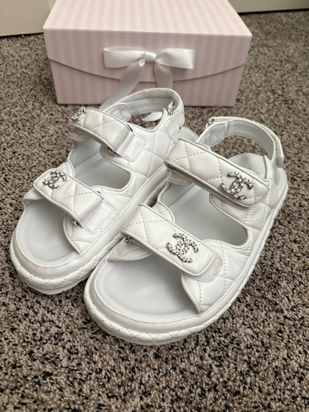 CHANEL White Quilted Logo Strap Sandals
